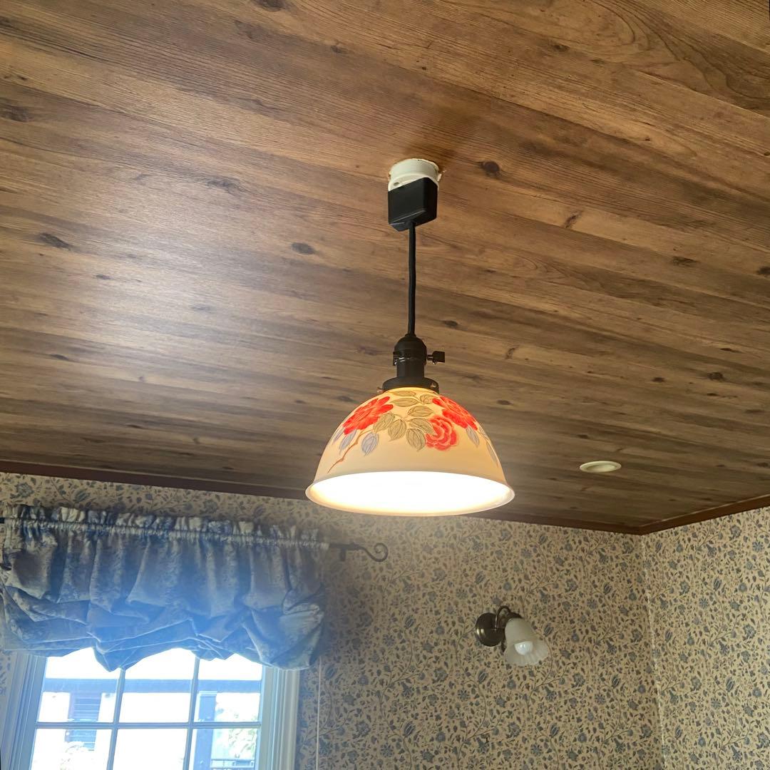 アンティーク照明　電笠　薔薇絵付　磁器シェード　ペンダントライト