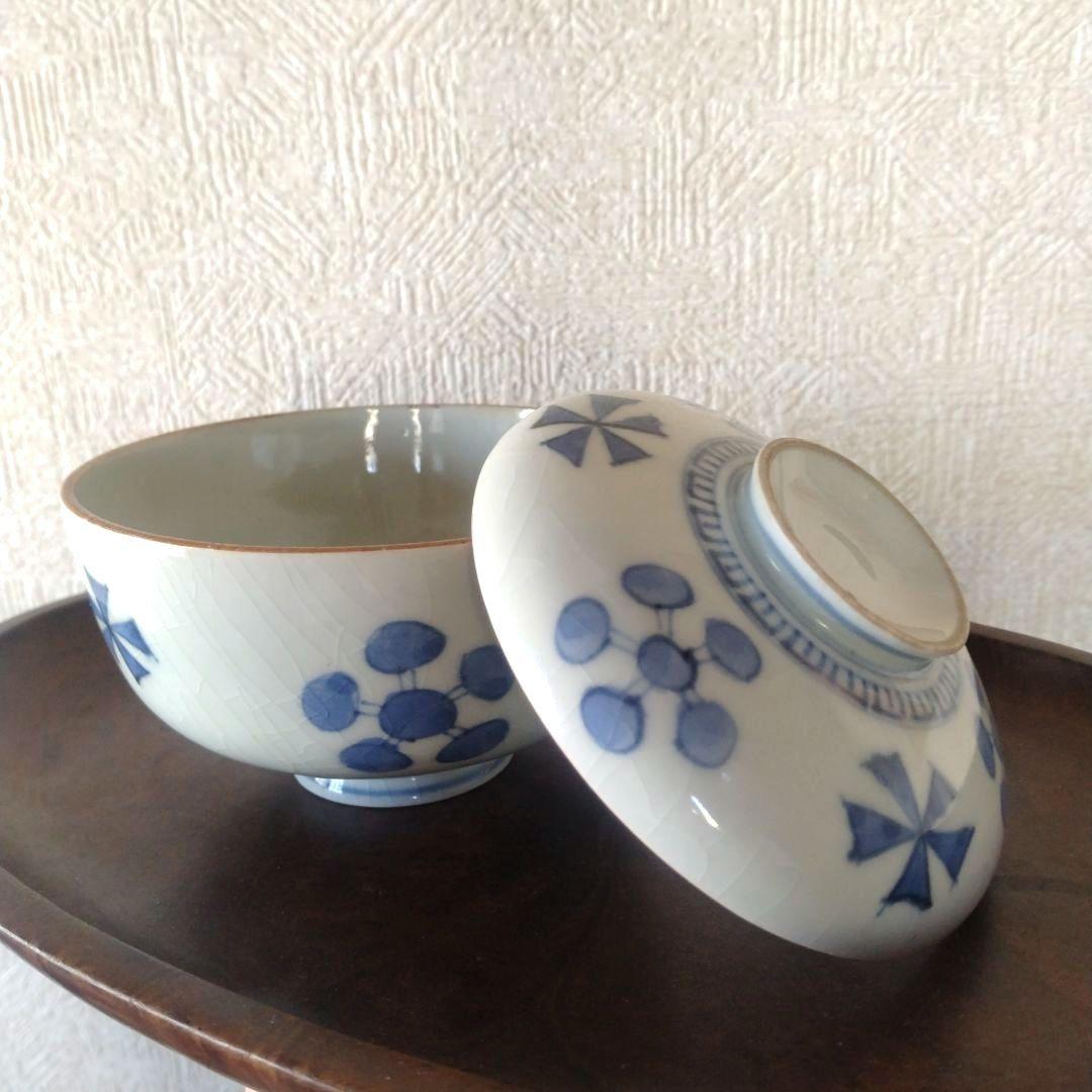 古伊万里染付幾何学花文蓋付き茶碗蕎麦猪口江戸時代