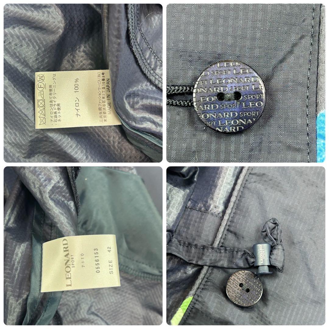 P6 美品 L レオナール 袖花柄 ナイロンジャケット ネイビー レディース