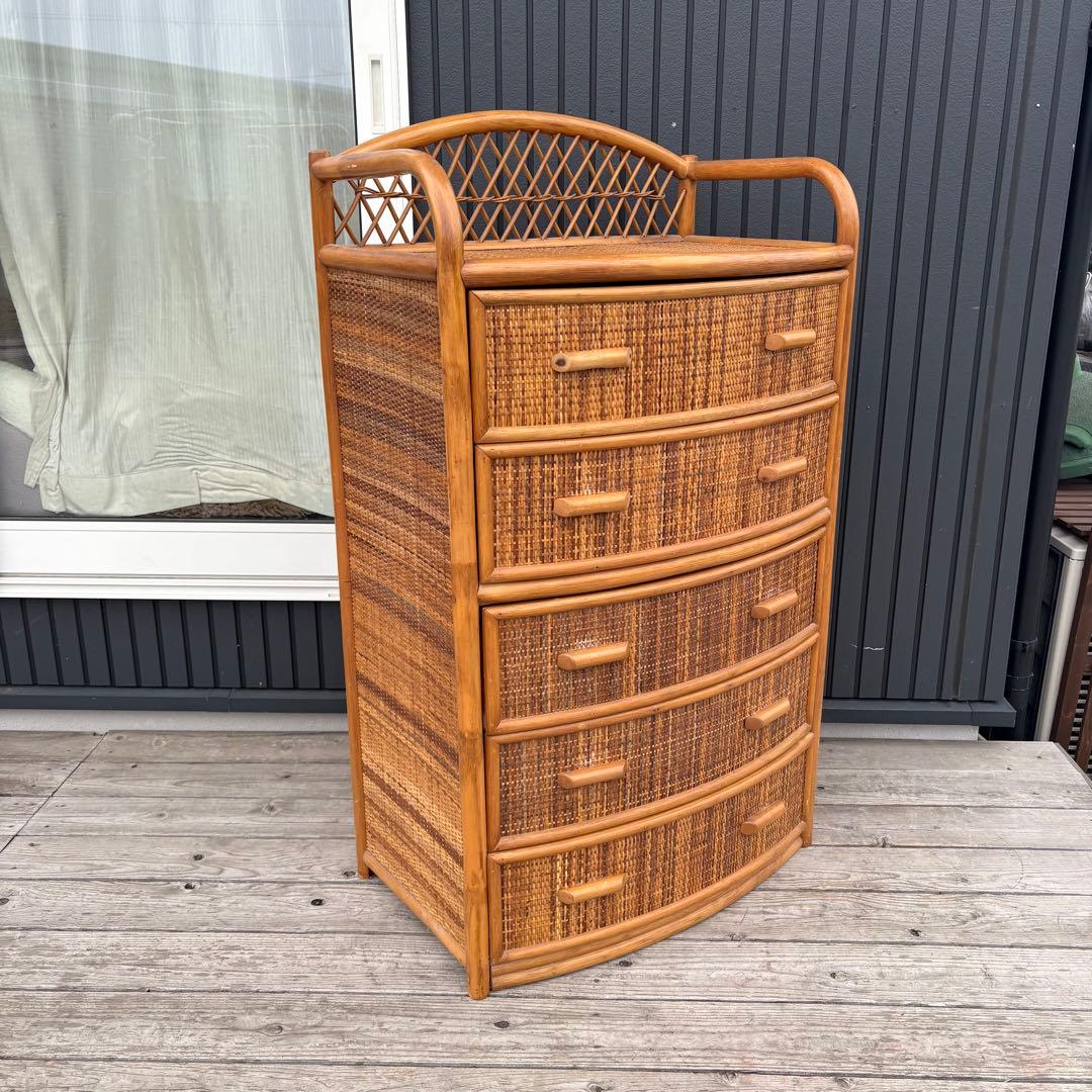 昭和レトロ 大型 ラタンチェスト 5段 引き出し 籐家具 ナチュラル 収納家具