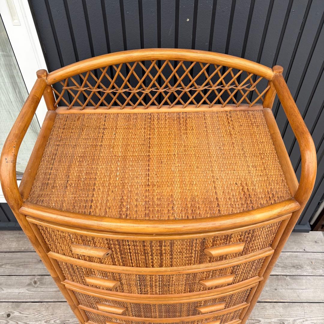 昭和レトロ 大型 ラタンチェスト 5段 引き出し 籐家具 ナチュラル 収納家具