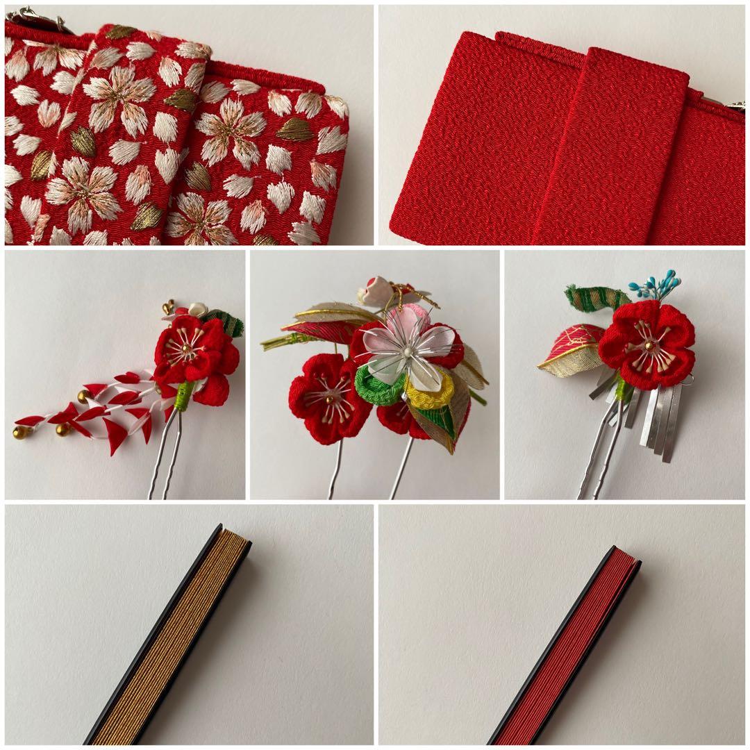 七五三　7歳女児　撫松庵　四つ身着物(襦袢 半衿付き) 袋帯セット　赤　梅　兎