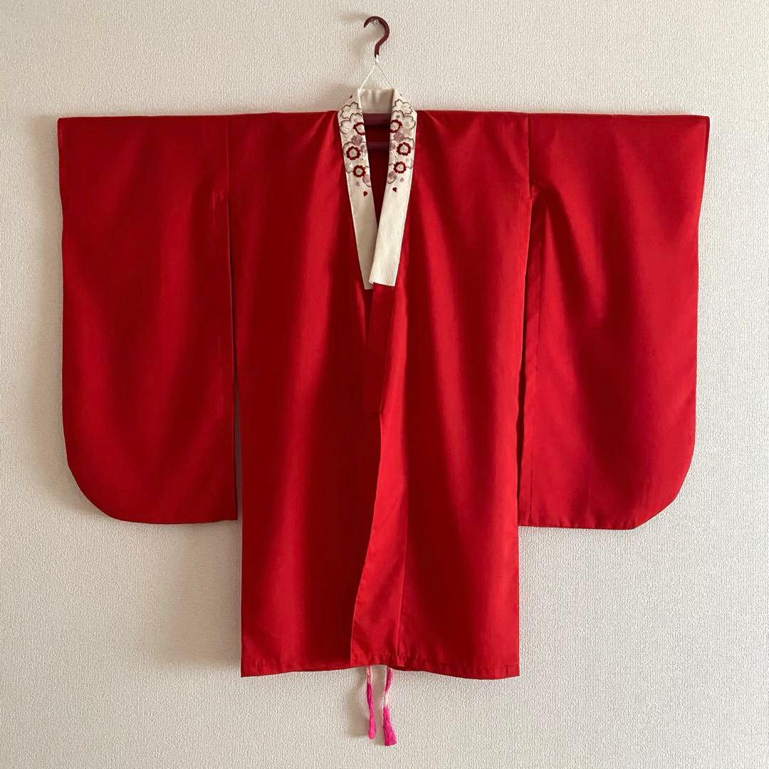 七五三　7歳女児　撫松庵　四つ身着物(襦袢 半衿付き) 袋帯セット　赤　梅　兎