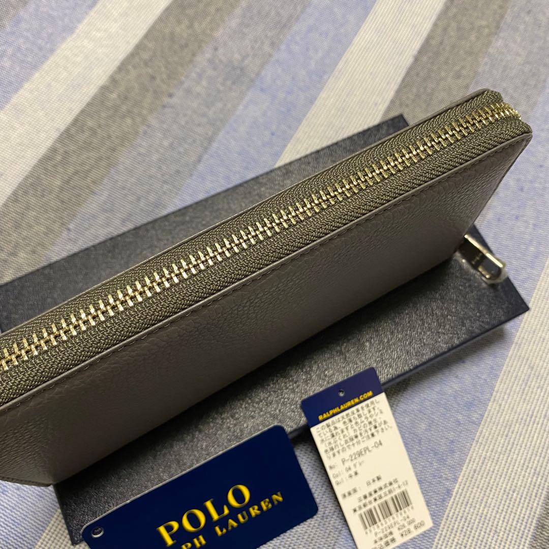 【新品】POLO RALPH LAUREN POLO刺繍 レザー長財布 グレー