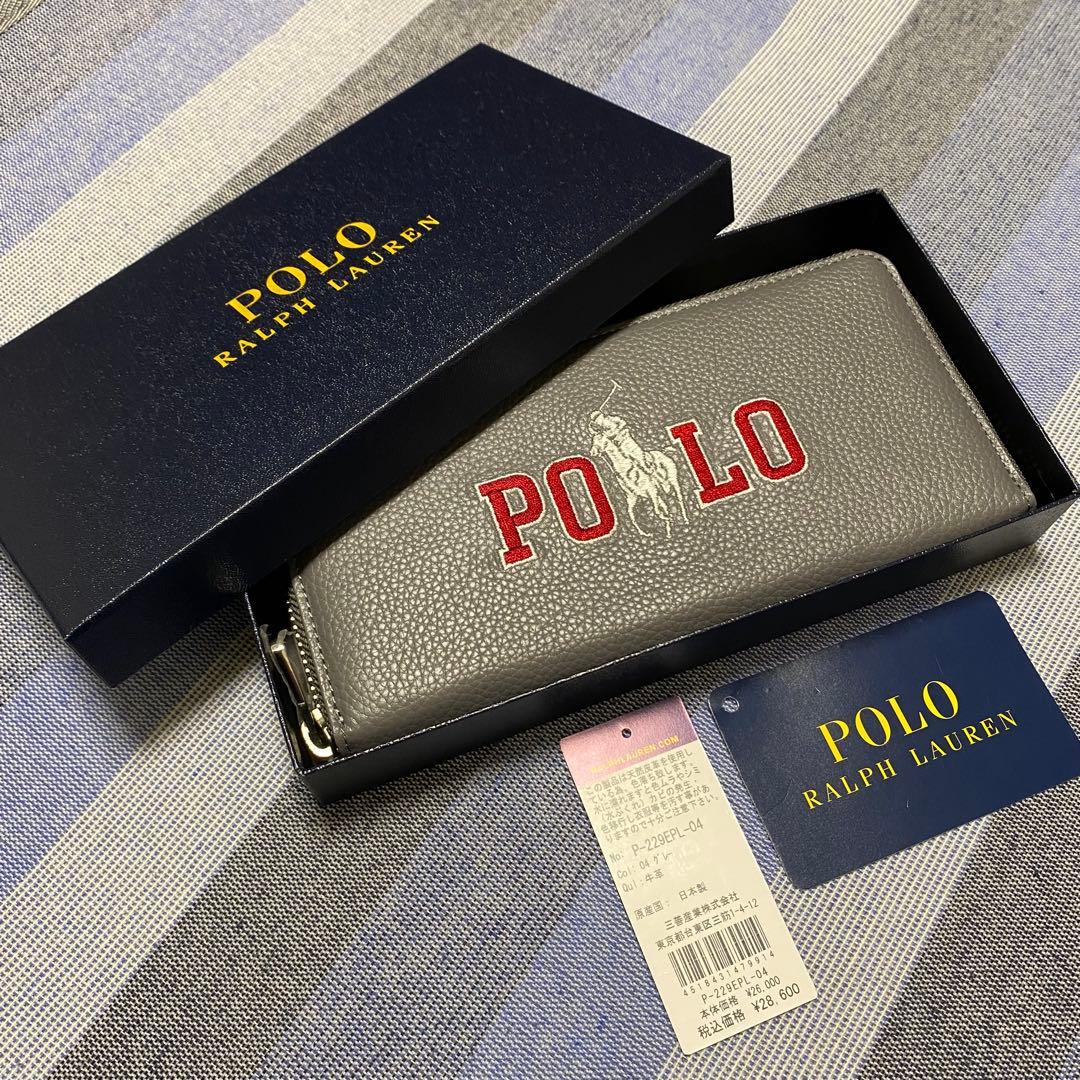 【新品】POLO RALPH LAUREN POLO刺繍 レザー長財布 グレー