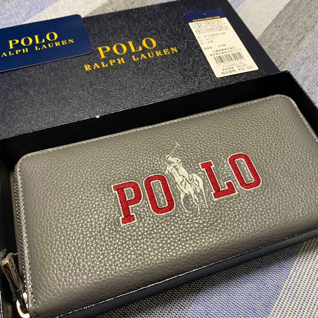 【新品】POLO RALPH LAUREN POLO刺繍 レザー長財布 グレー