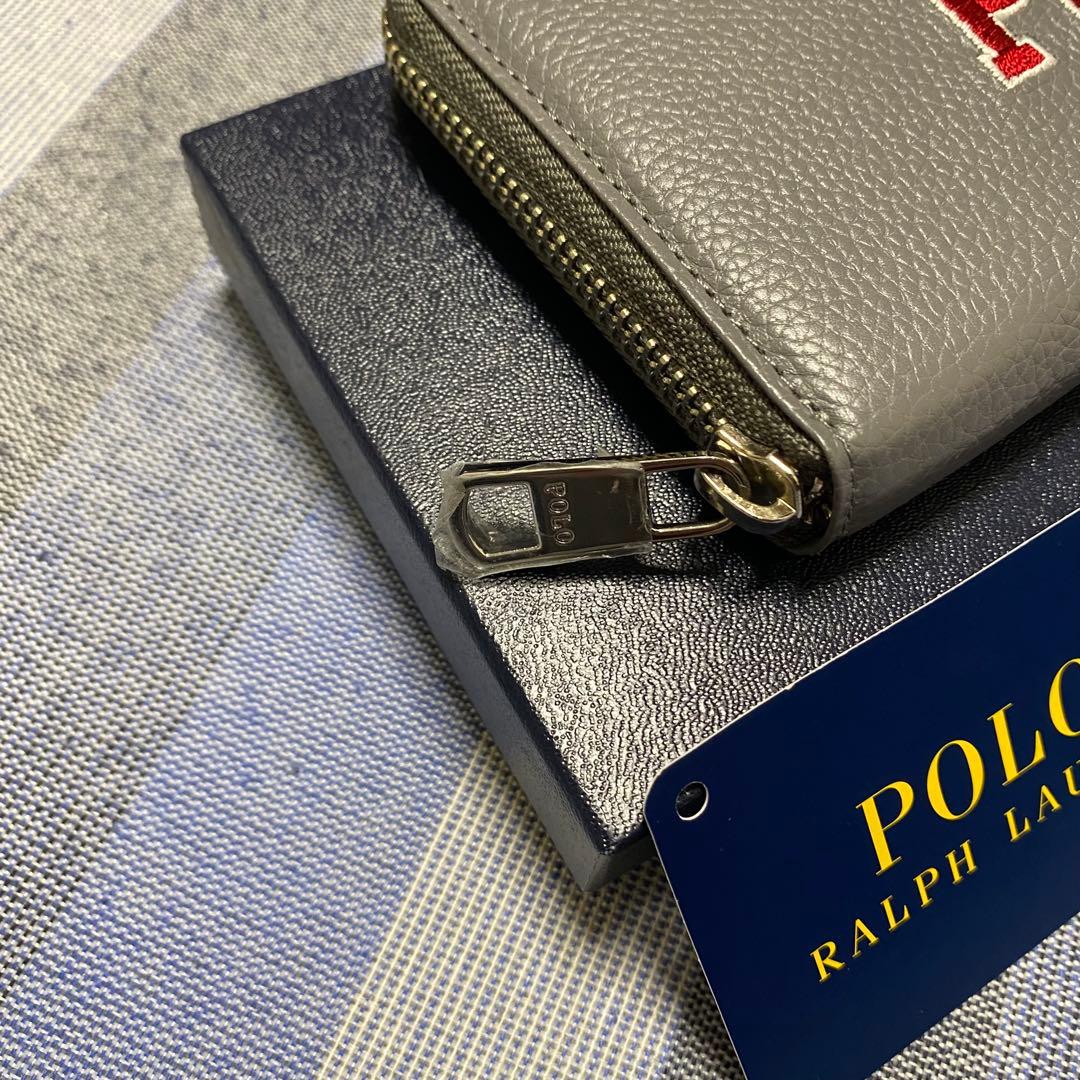 【新品】POLO RALPH LAUREN POLO刺繍 レザー長財布 グレー
