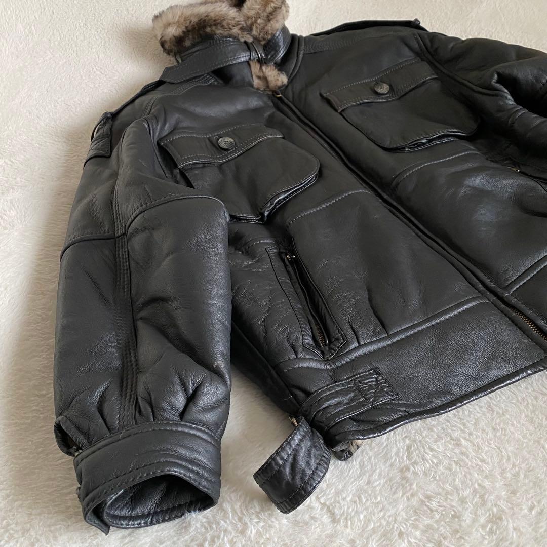 【美品】スペイン製　リアルムートン　レザーフライトジャケット　ブラック　L