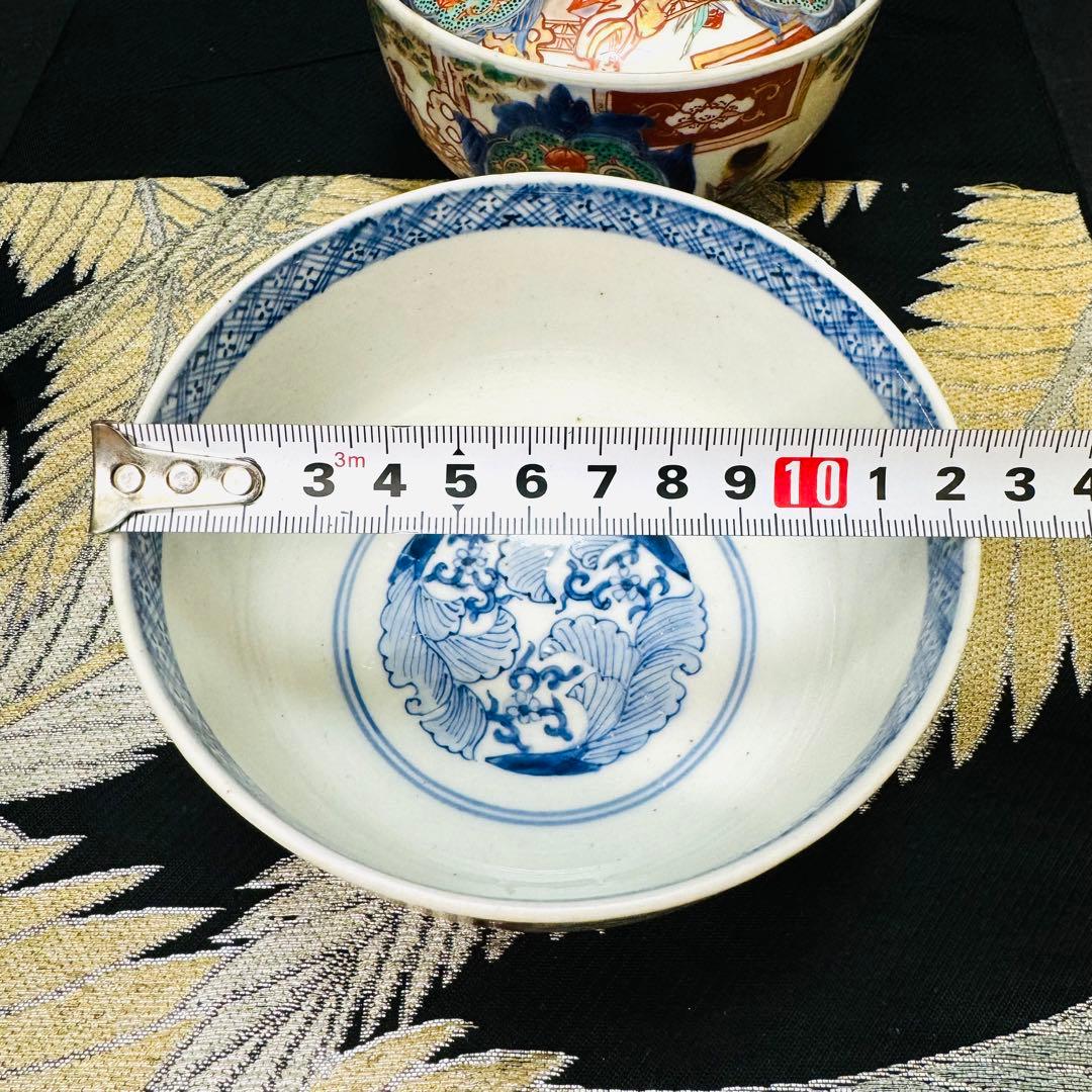 古伊万里　冨貴長春　染錦手唐草人物　見込み吳須細工　蓋付き碗　茶碗　2客　江戸期