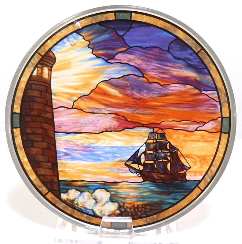 ティファニー ヴィンテージ ステンドグラス 夕暮れの海/ヨット/灯台 /風景