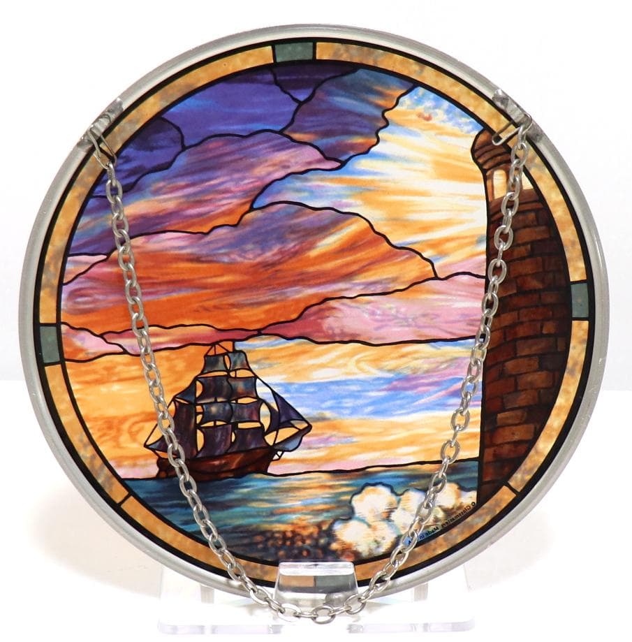 ティファニー ヴィンテージ ステンドグラス 夕暮れの海/ヨット/灯台 /風景