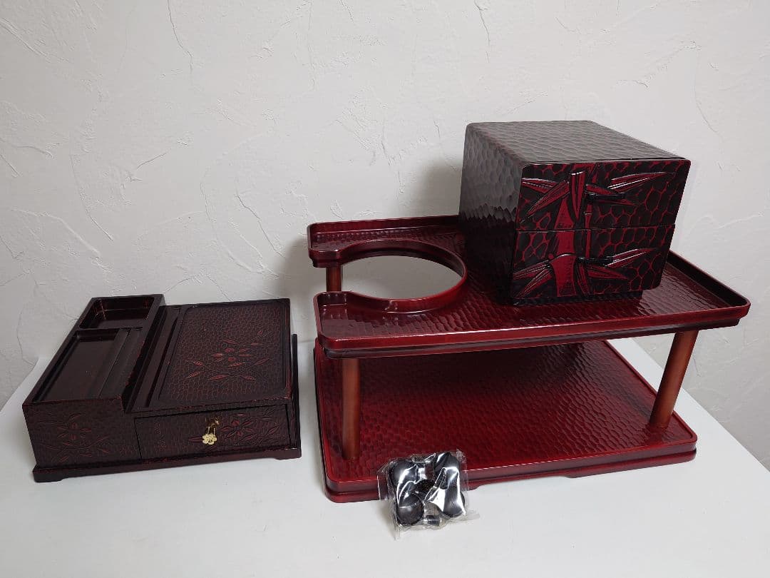 鎌倉彫 文房具入れ 電話台 2段 引出し 小物入れ ポットスタンド 昭和レトロ