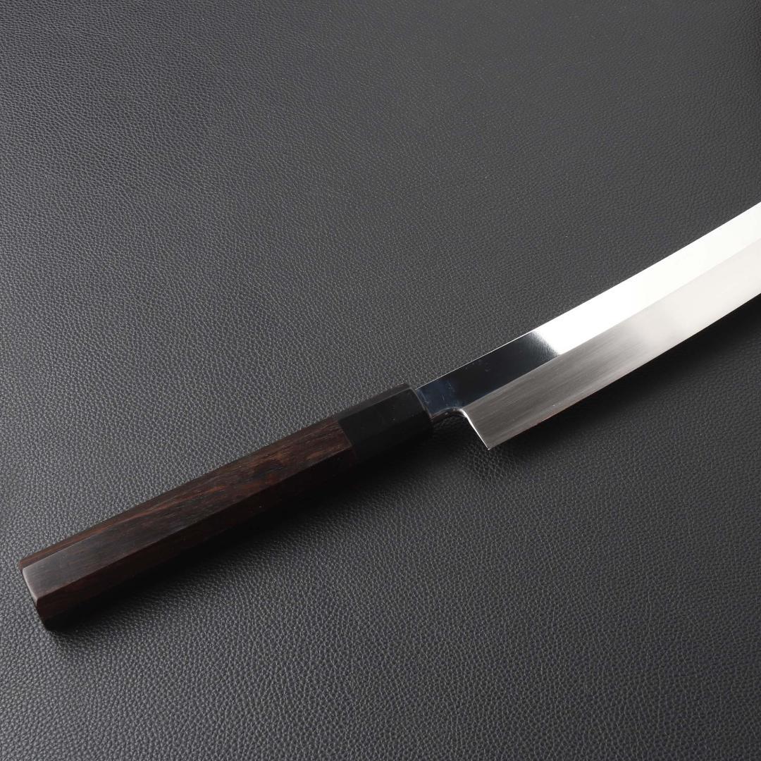 11118鬼反り先丸包丁尺二鏡面仕上げ刺身包丁刃は究極の切れ味黒檀黒水牛角八角柄