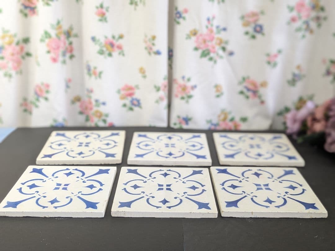 イギリス アンティーク ブルー&ホワイト タイル 6枚セット