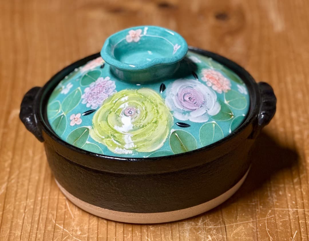 値下げ　新品　工房ゆずりは　６号土鍋　緑彩ローズ　IH直火OK　一人用