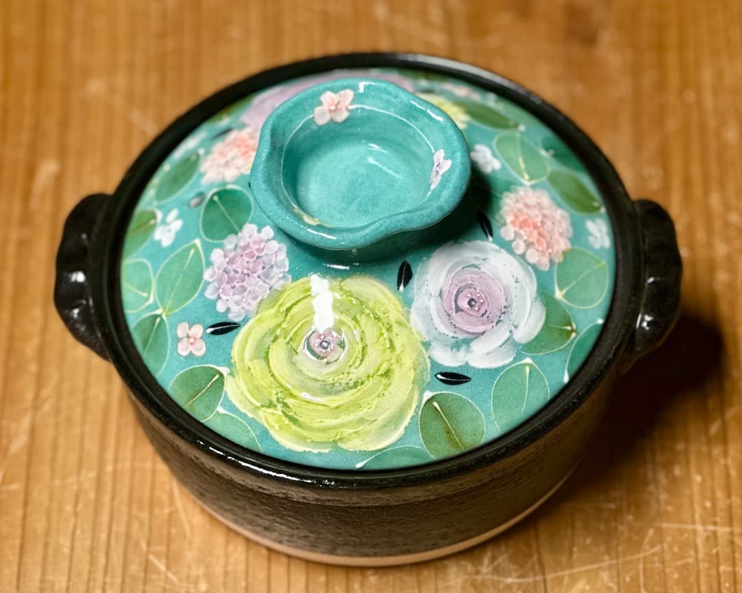 値下げ　新品　工房ゆずりは　６号土鍋　緑彩ローズ　IH直火OK　一人用