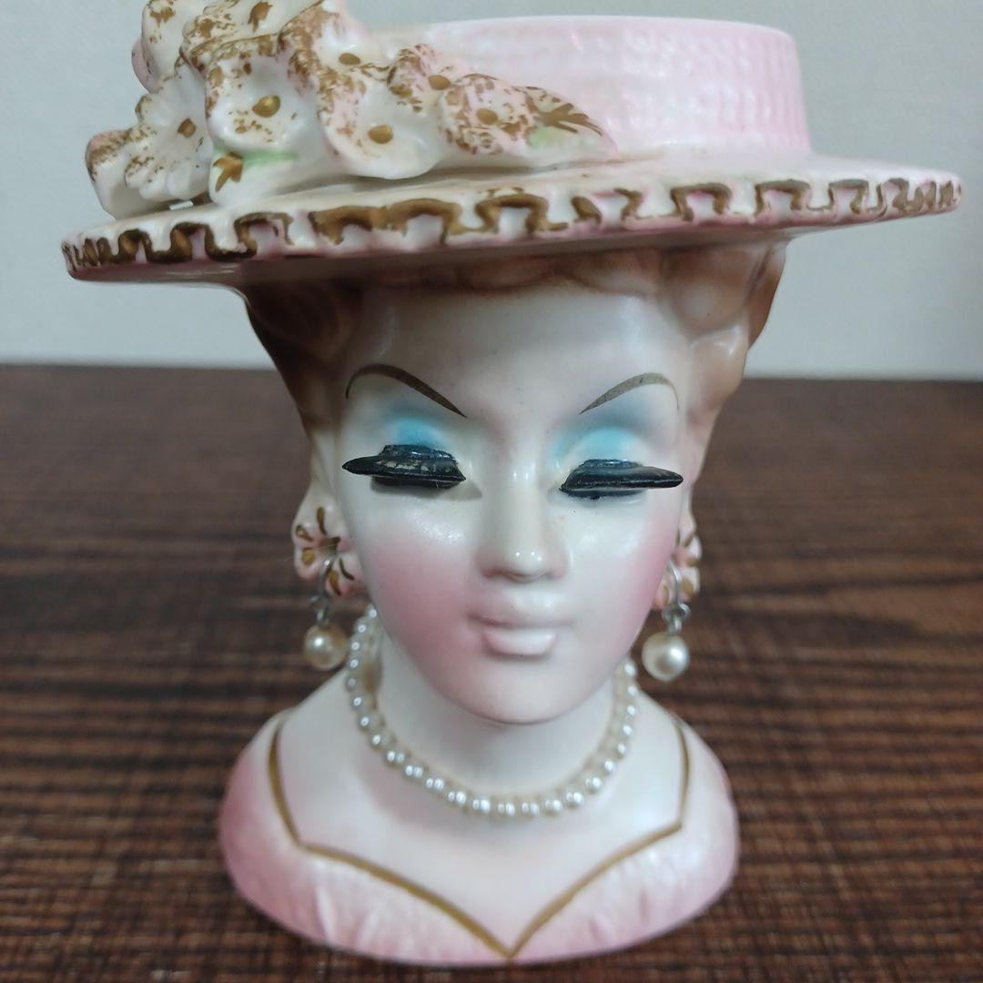 ビンテージ レディヘッドベース 陶器製の置物花瓶 水色とピンクのドレス2点セット