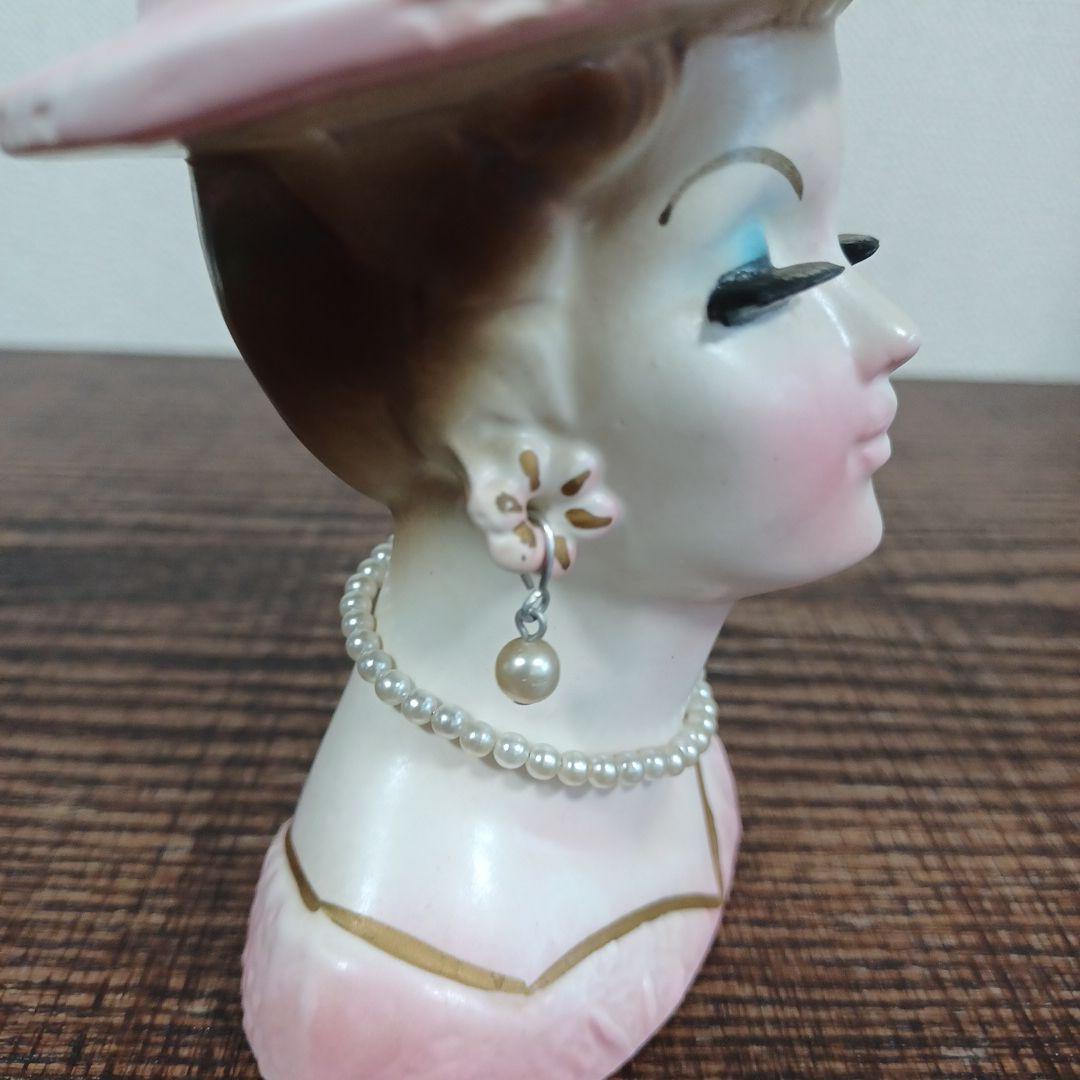 ビンテージ レディヘッドベース 陶器製の置物花瓶 水色とピンクのドレス2点セット