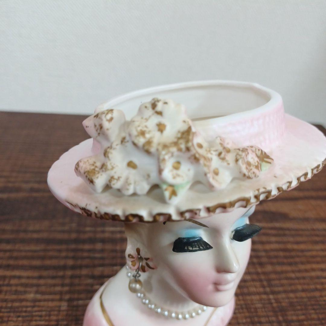 ビンテージ レディヘッドベース 陶器製の置物花瓶 水色とピンクのドレス2点セット