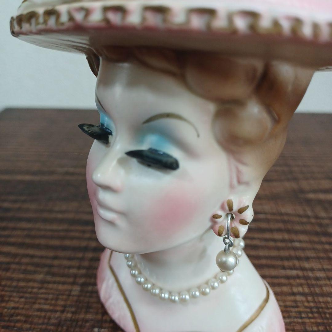 ビンテージ レディヘッドベース 陶器製の置物花瓶 水色とピンクのドレス2点セット