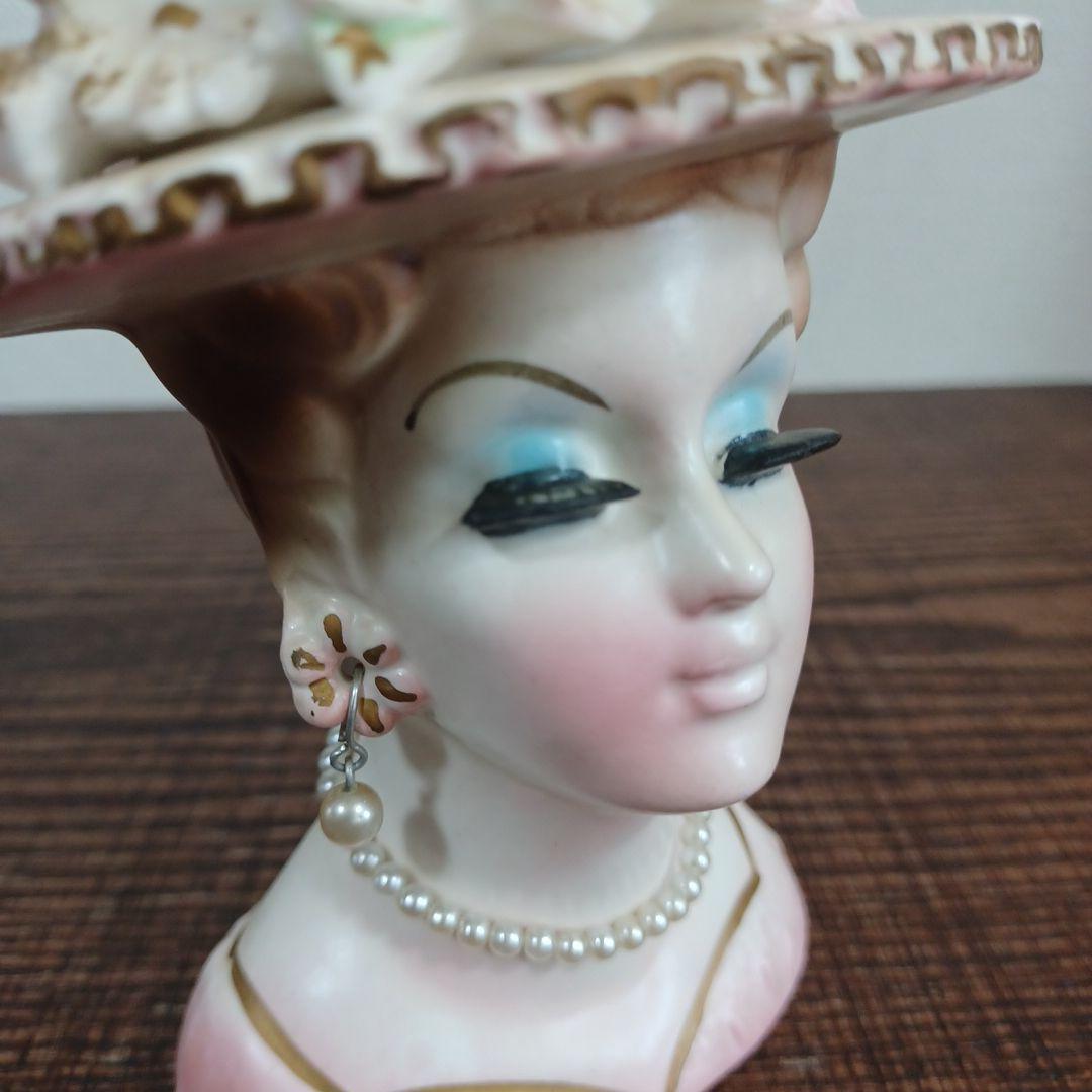 ビンテージ レディヘッドベース 陶器製の置物花瓶 水色とピンクのドレス2点セット