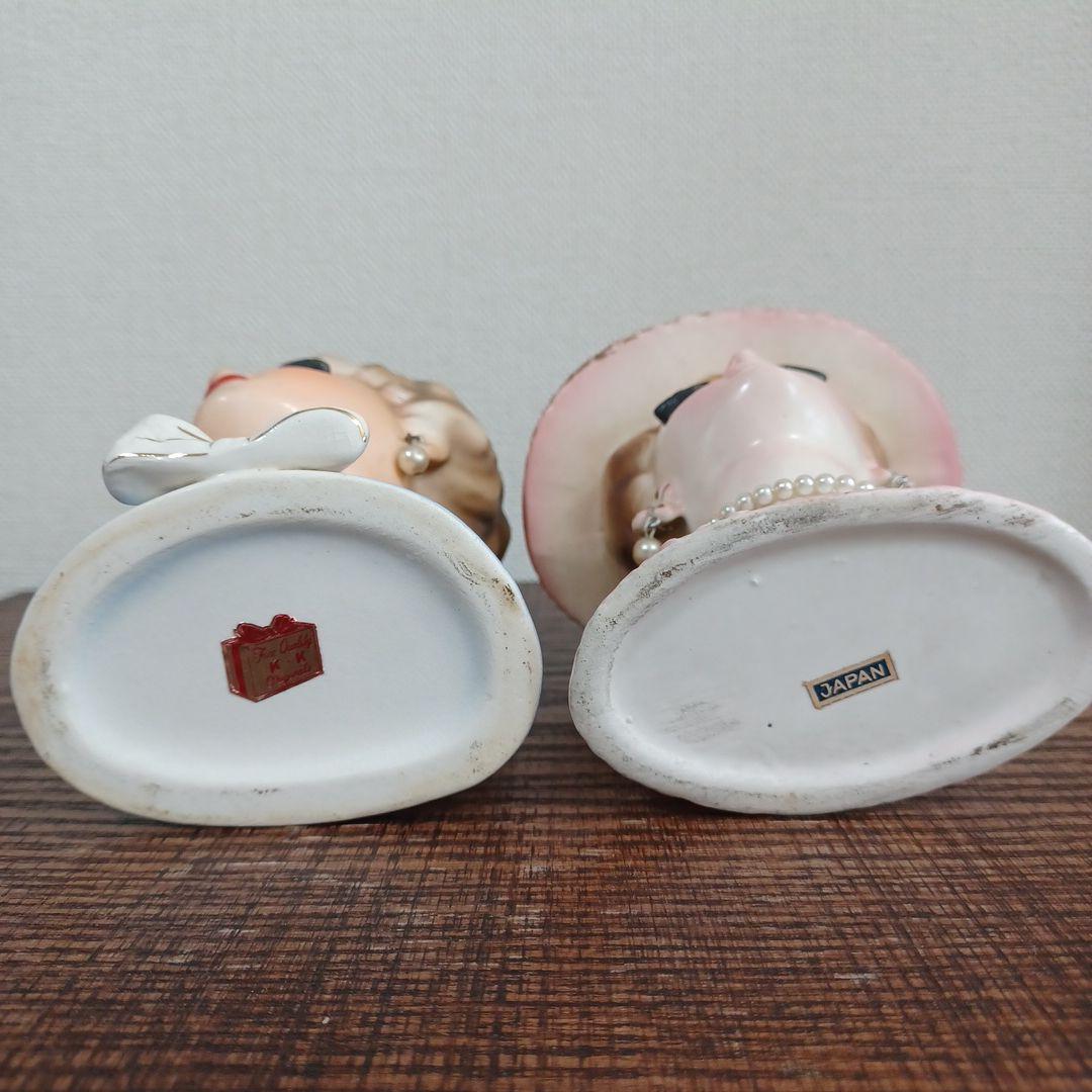 ビンテージ レディヘッドベース 陶器製の置物花瓶 水色とピンクのドレス2点セット