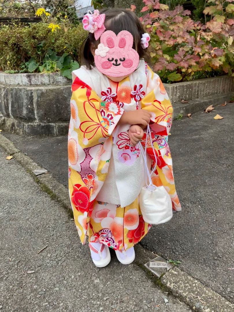 七五三 3歳正絹着物　被布セット　紅一点　花柄