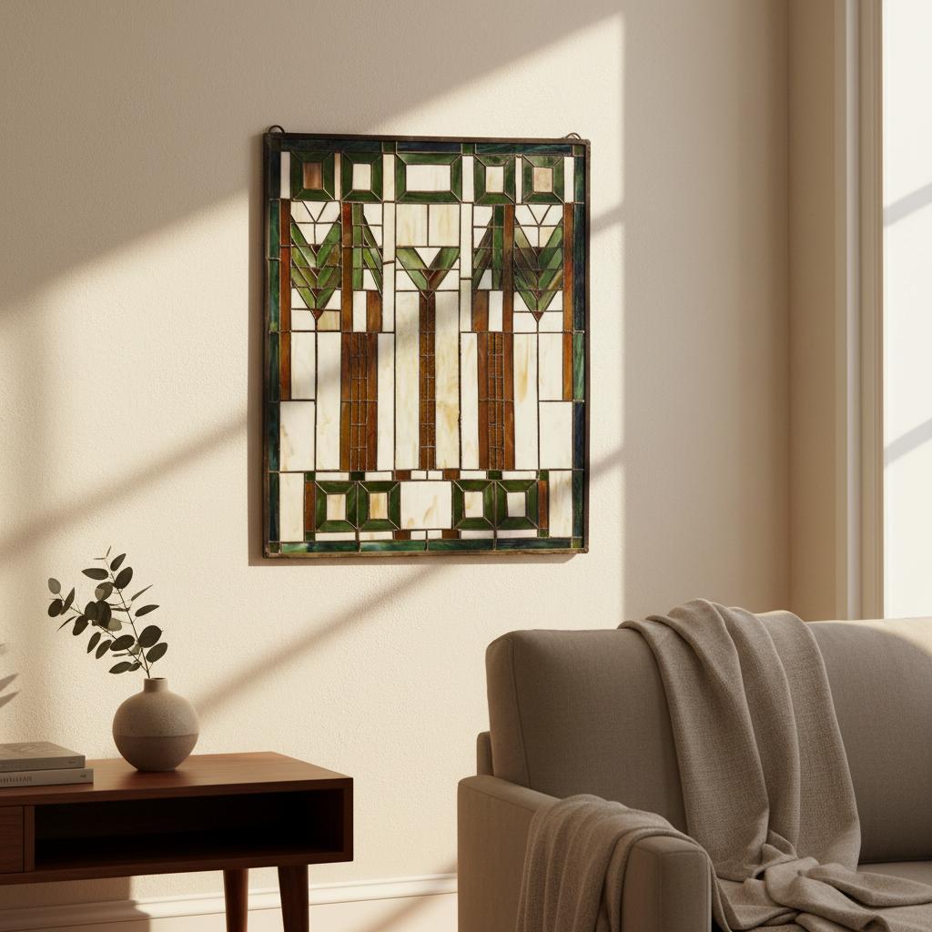 特大 62cm ステンドグラス パネル フランク・ロイド・ライト風 幾何学模様