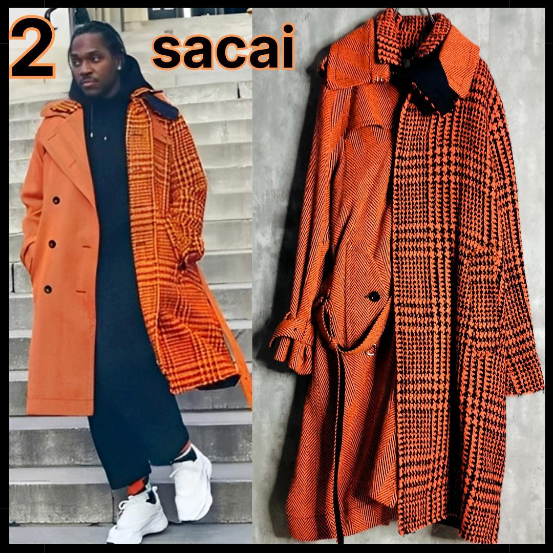 【美品・プッシャT着】sacai 19AW アシンメトリドッキングコート ウール
