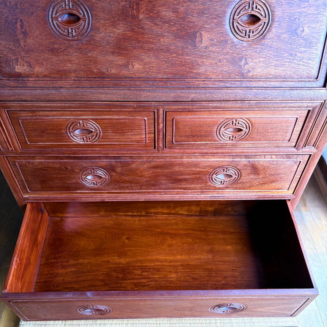 【 高級 】花梨 総無垢 ライティングビューロー 真鍮金具 彫刻入 一生物