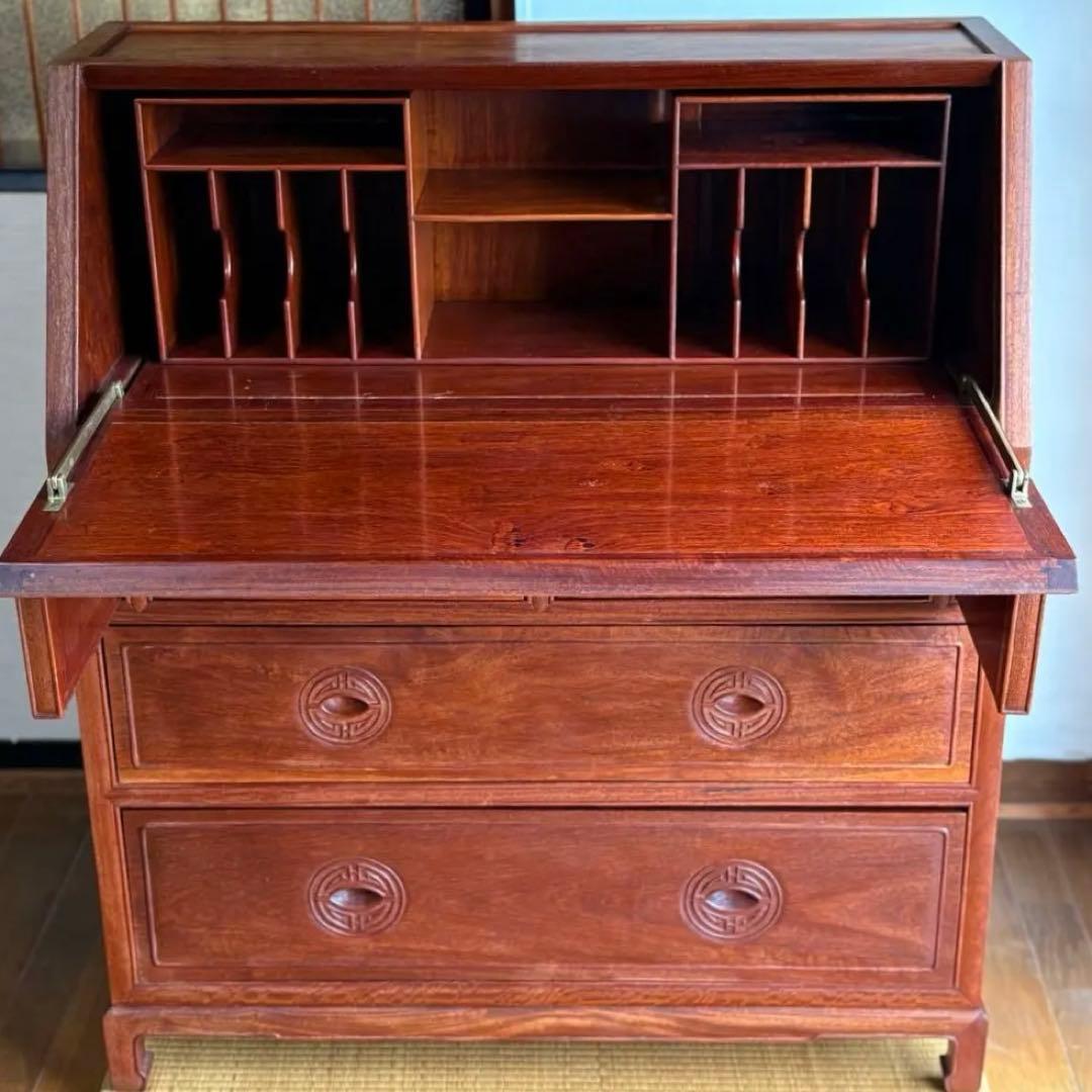 【 高級 】花梨 総無垢 ライティングビューロー 真鍮金具 彫刻入 一生物