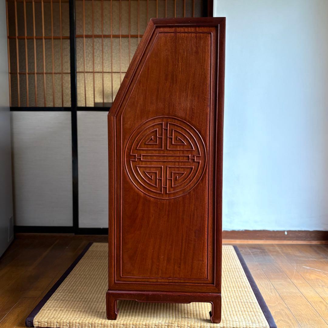 【 高級 】花梨 総無垢 ライティングビューロー 真鍮金具 彫刻入 一生物
