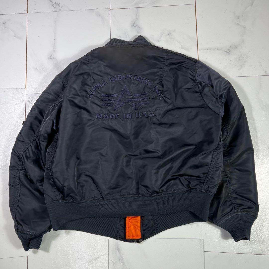 90s USA製 Alpha アルファ MA-1 刺繍 3本線 ネイビー