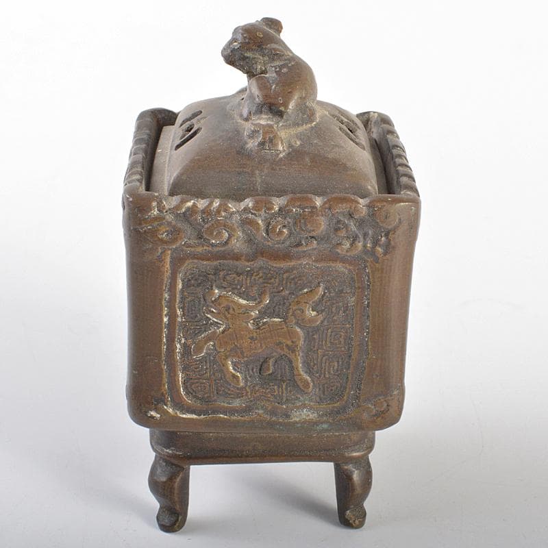 中国　大明宣徳年製款　古銅　神獣摘　神獣文　四方香炉　時代箱付　M　R6824