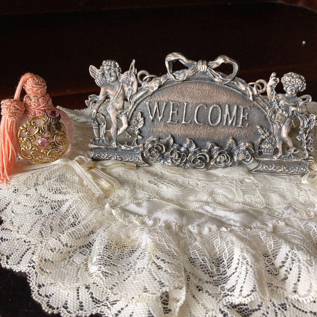 ピューター薔薇エンジェルウェルカムスタンドアンティーク長  ヴィンテージ レア物