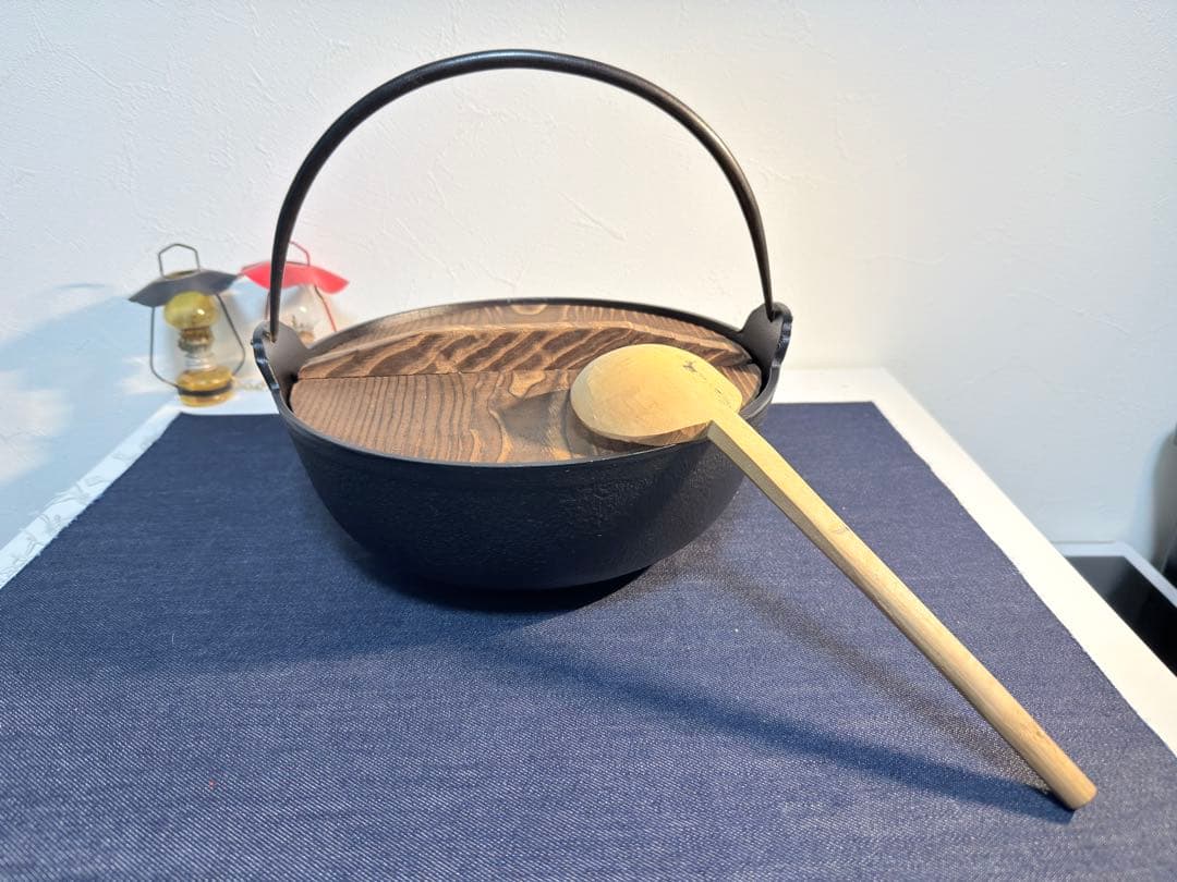 南部鉄器 岩鋳 ふるさと鍋 深型 24cm 1回使用 木蓋 お玉付 田舎鍋 鉄鍋