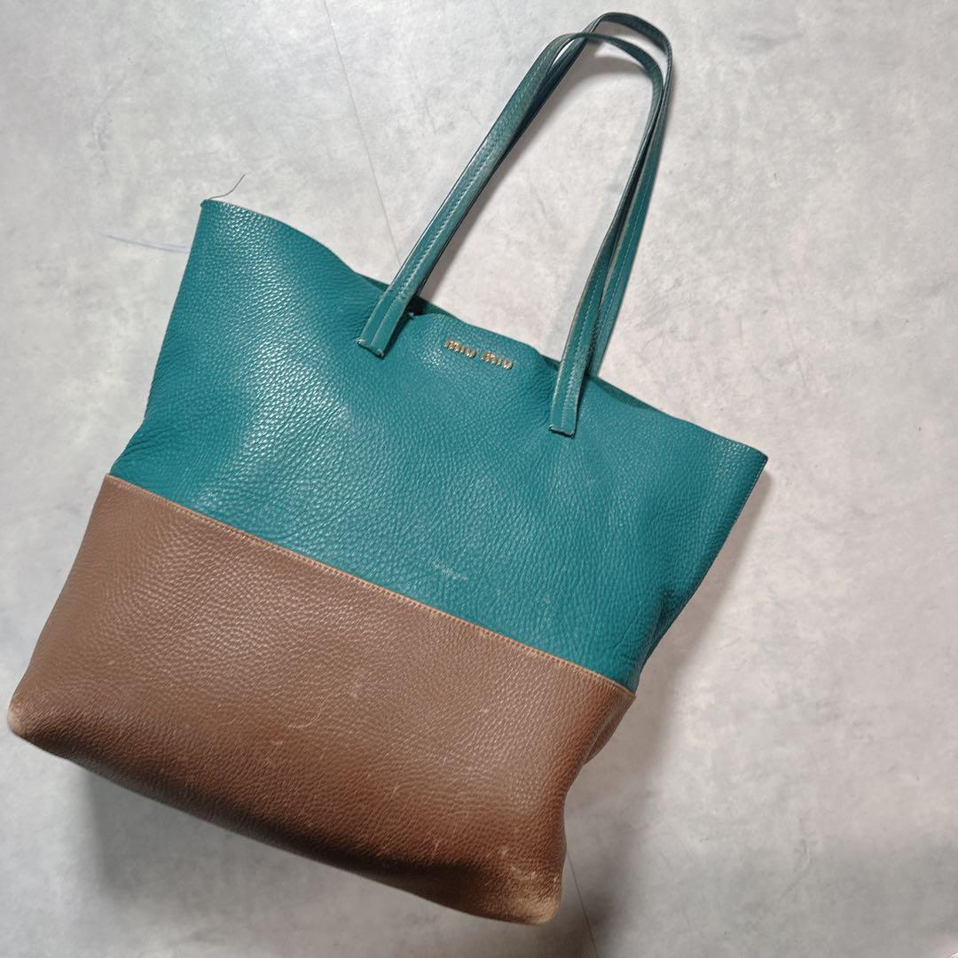 miu miu ミュウミュウ レザー バイカラー トートバッグ 緑 ブラウン