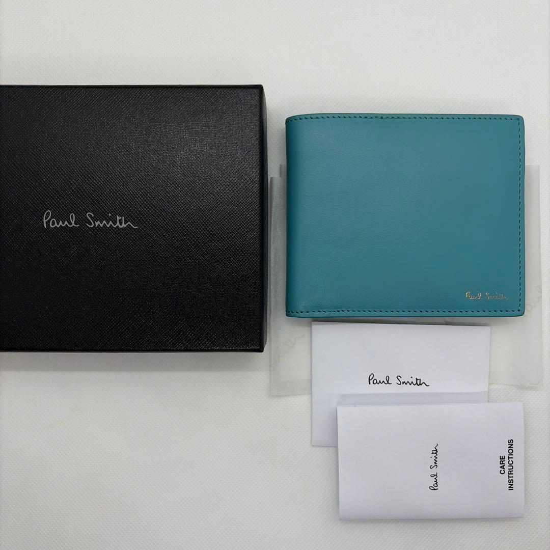 【美品】PaulSmith ポールスミス レザー二つ折り財布 ターコイズ　箱付き