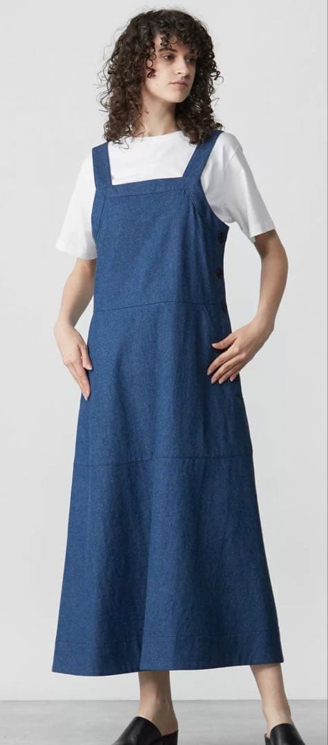 美品 SINME デニムオーバーオールワンピース サロペット ダークブルー F