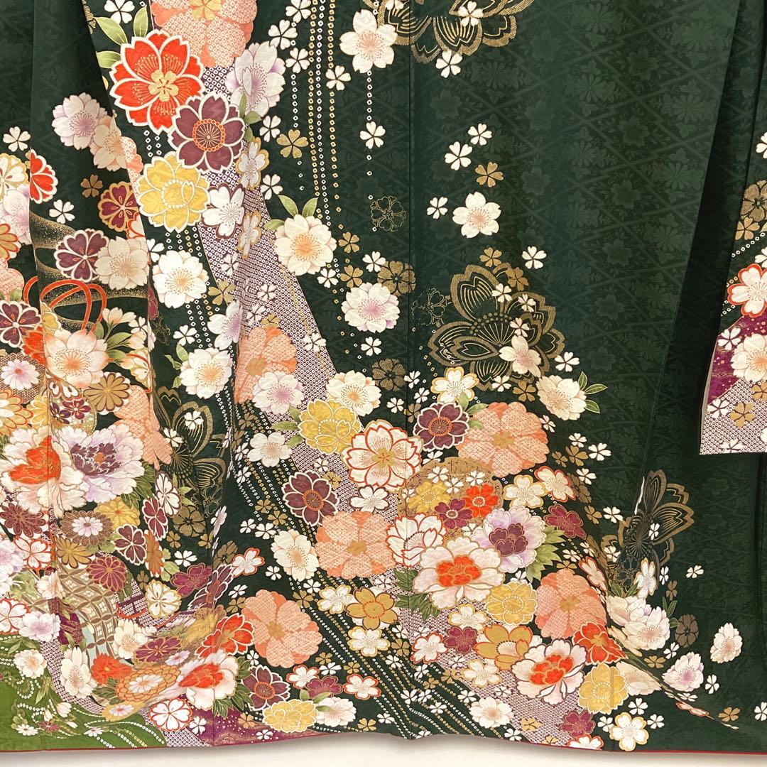 綺麗な地模様入りのグリーン地に桜が可愛い振り袖フルセット➕着付け用小物