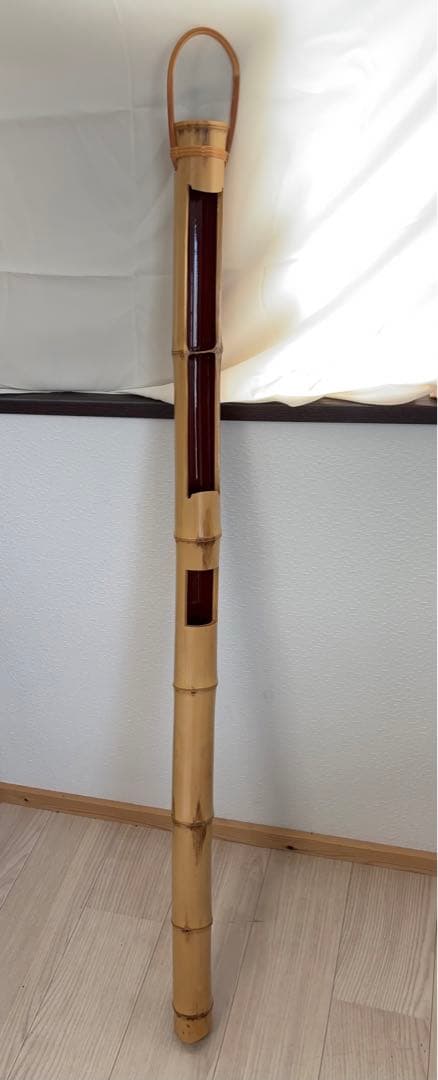 生野徳三 白竹掛筒華入 白竹歌華筒 内朱塗 華入れ 全長約136㎝ -483-