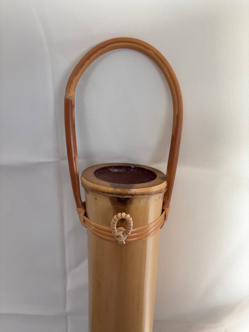 生野徳三 白竹掛筒華入 白竹歌華筒 内朱塗 華入れ 全長約136㎝ -483-