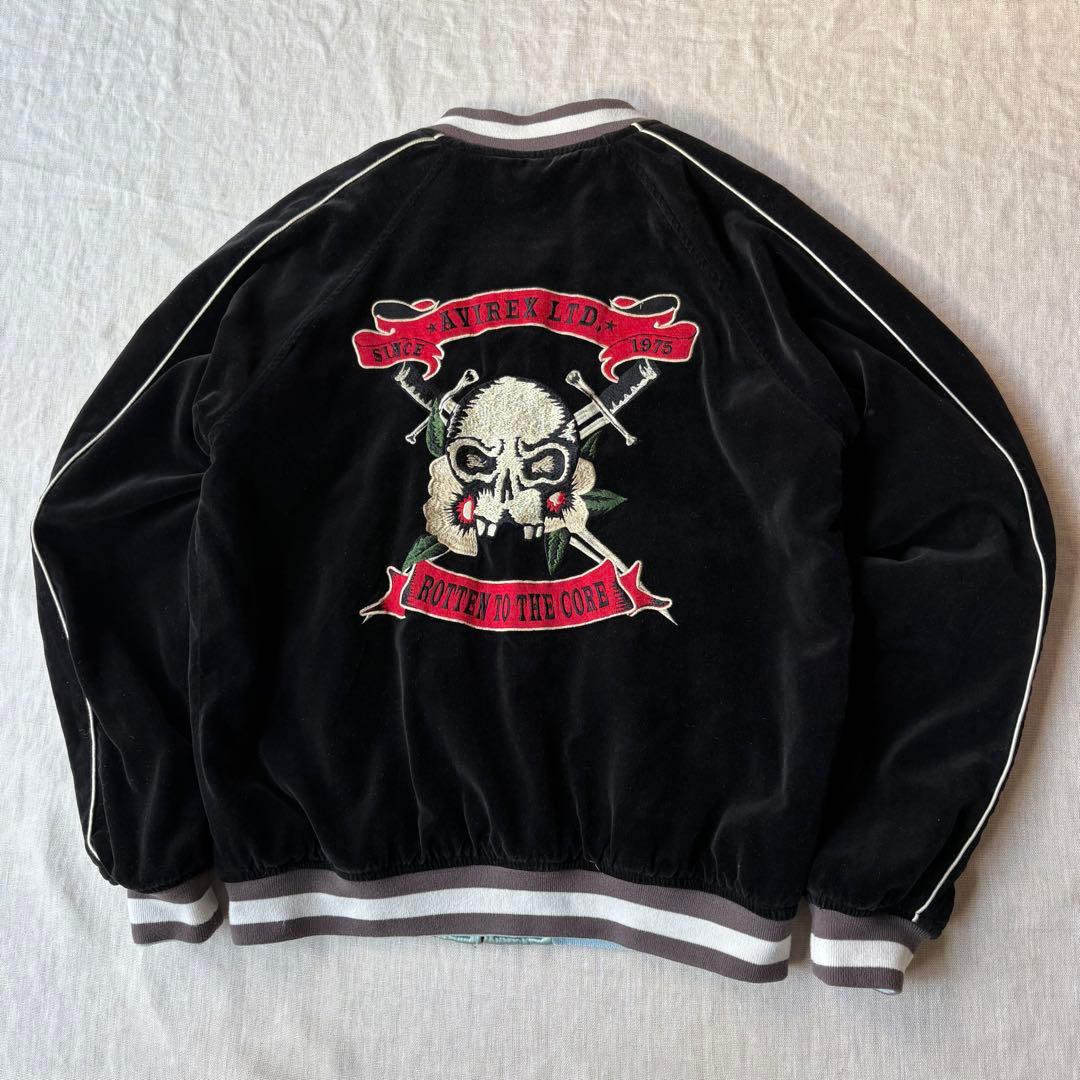 AVIREX アヴィレックス ベロア ハート スカル スカジャン 刺繍 水色