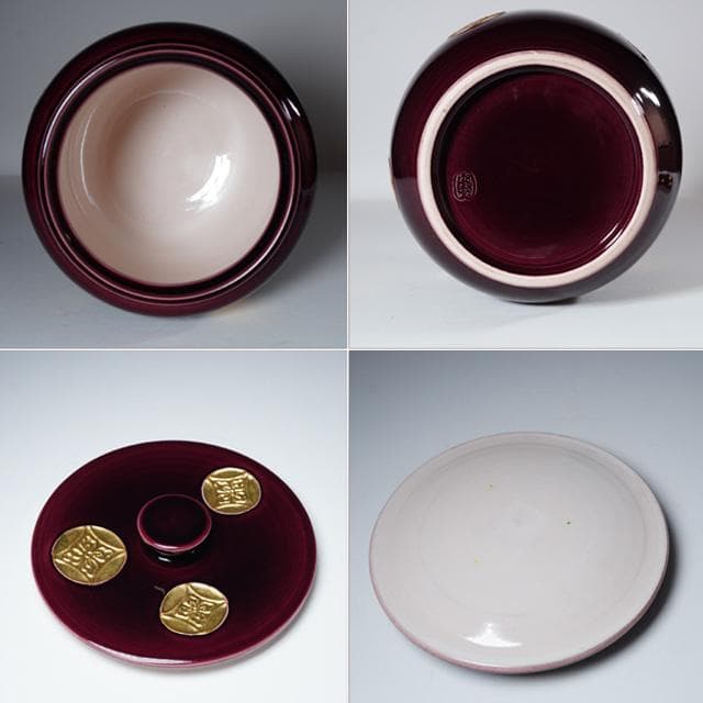 御室窯　紫交趾七宝文皆具　共箱　茶道具　水指　杓立　建水　蓋置