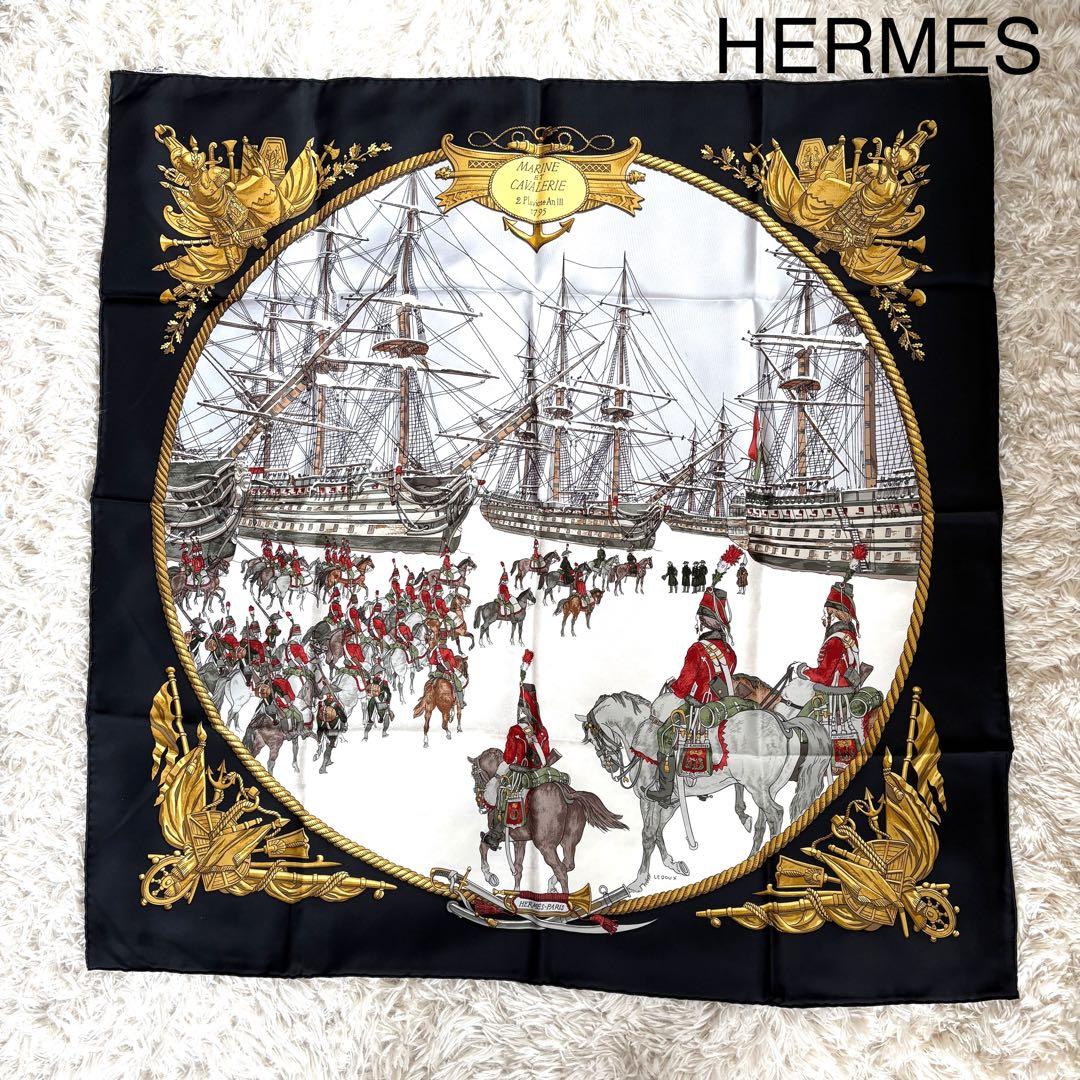 美品⭐︎HERMES エルメス⭐︎シルクスカーフ 海軍と騎兵 ブラック×マルチカラー