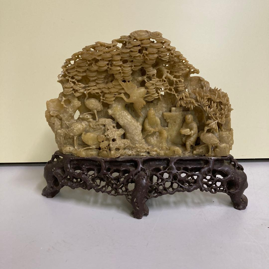 E-4寿山石 中国石彫 古美術 人物像 蝋石 細密彫刻 石彫刻 工芸品 レトロ
