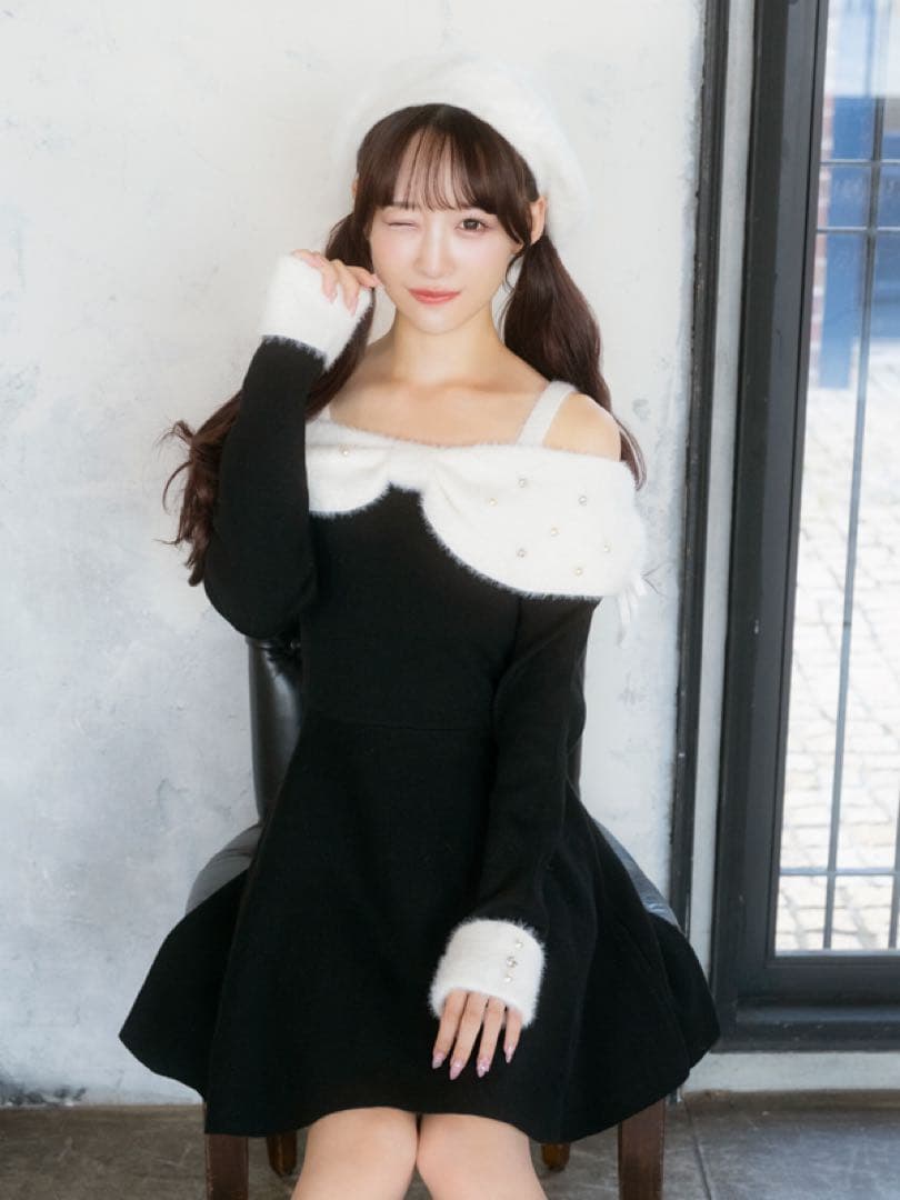 evelyn リボンオフショルミニワンピース ブラック