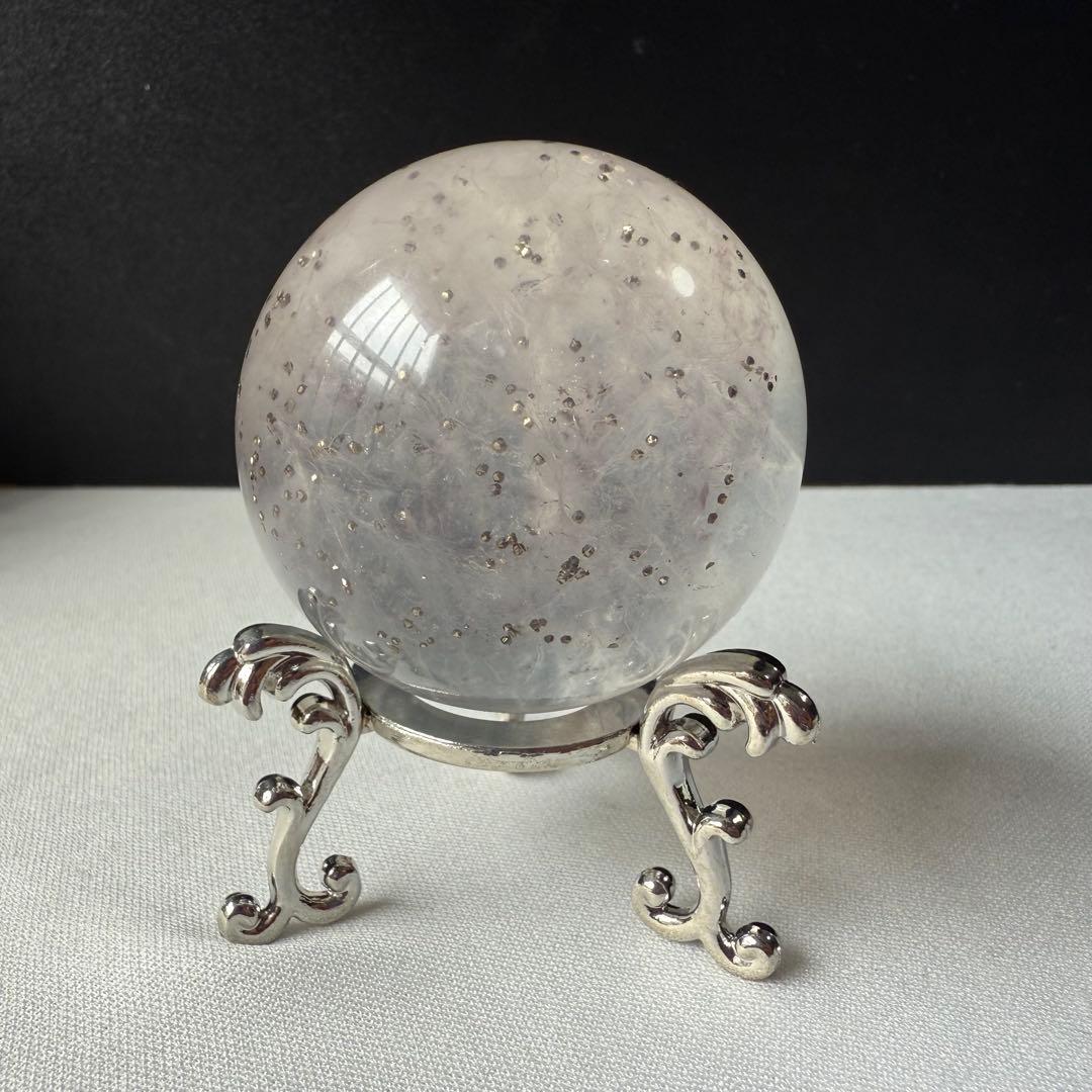 天然石パイライト共生フローライトのスフィア　丸玉　置物NO.020615