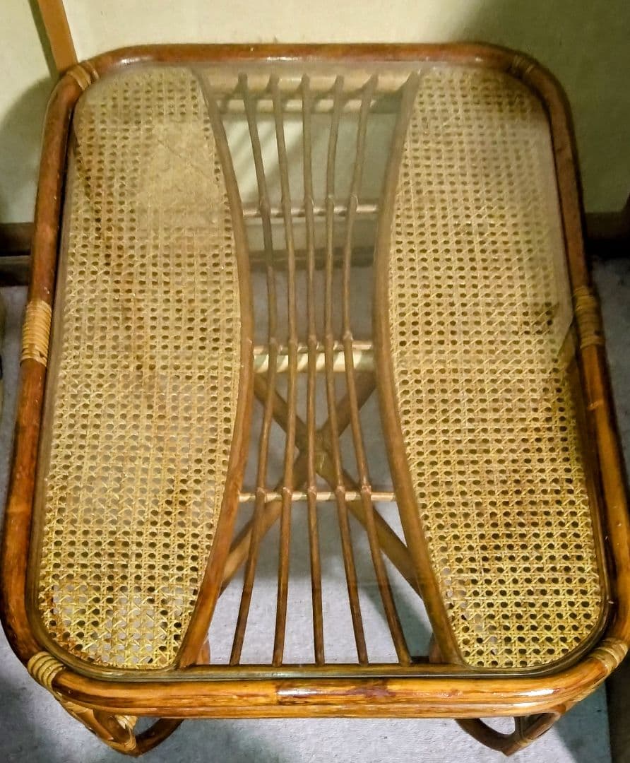 【昭和レトロ】ラタンガラステーブル美品
