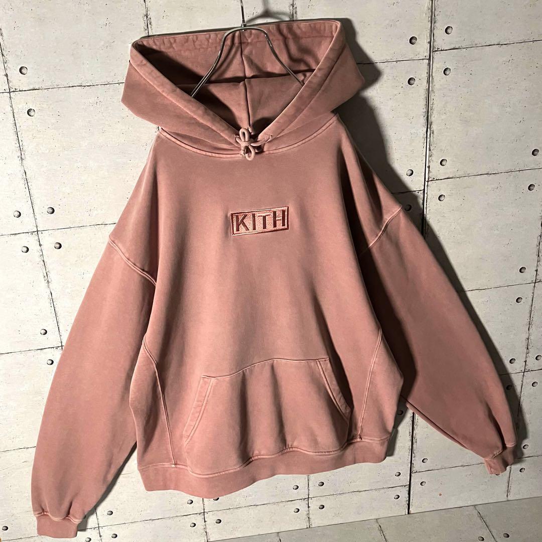 【鬼レア】KITHキス☆刺繍ボックスロゴ スウェットパーカーLウォッシュ加工